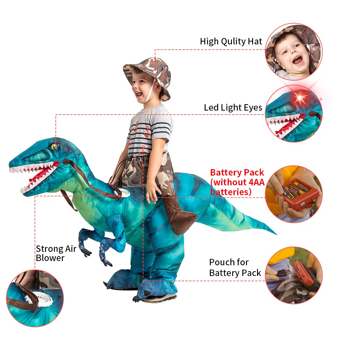 GOOSH Inflatable Dinosaur Costume for Kids Riding T Rex Funny Blow Up Boys Girls Costume for Halloween Fancy Dress Party Cosplay