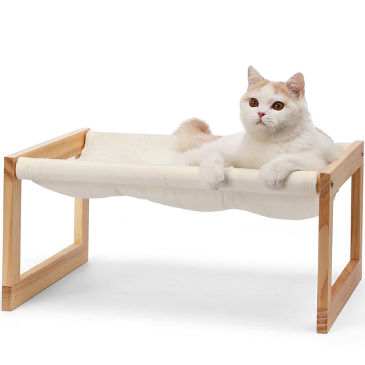 FUKUMARU Cat Bed with Removable Cover, Plush Velvet Couch for Indoor Cats, Wooden Feline Hammock, 21 x 16.5 Inch Kitten Sofa, Suitable for Kitty, Dog, Bunny and Small Animal, White