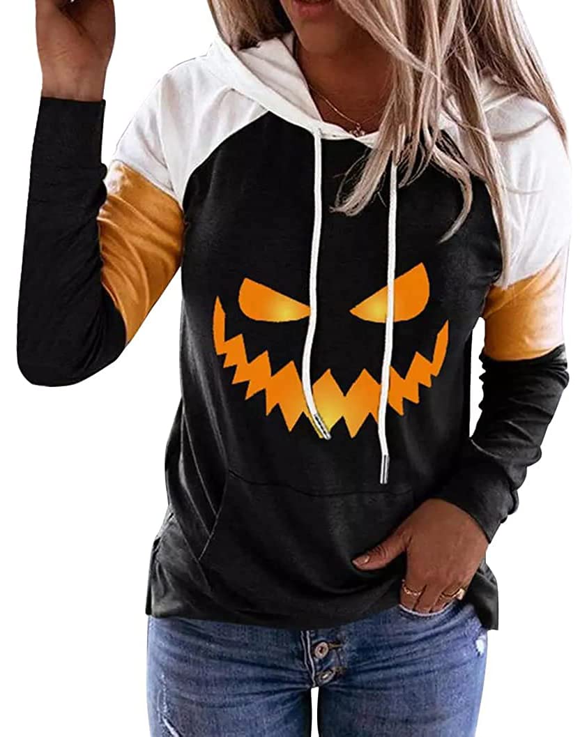 QIANRUO Halloween Hoodie Tshirt for Women Pumpkin Face Graphic Tees Tops Long Sleeve Color Block Pullover Shirt (XXL, Black)