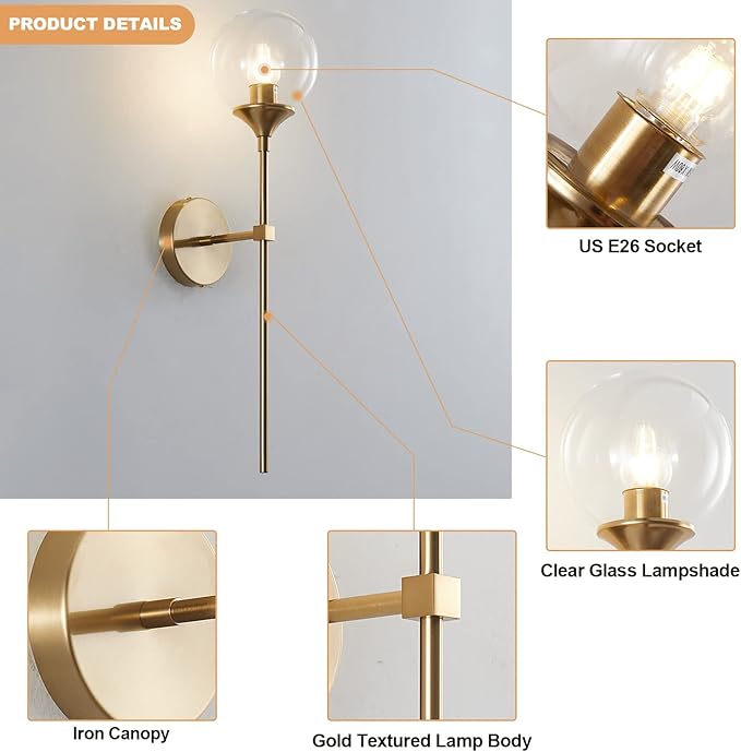 KCO Lighting Gold Globe Wall Sconce Mid Century Modern Glass Wall Light Fixtures Bathroom Mirror Vanity Wall Lamp Set of Two for Living Room Bedroom