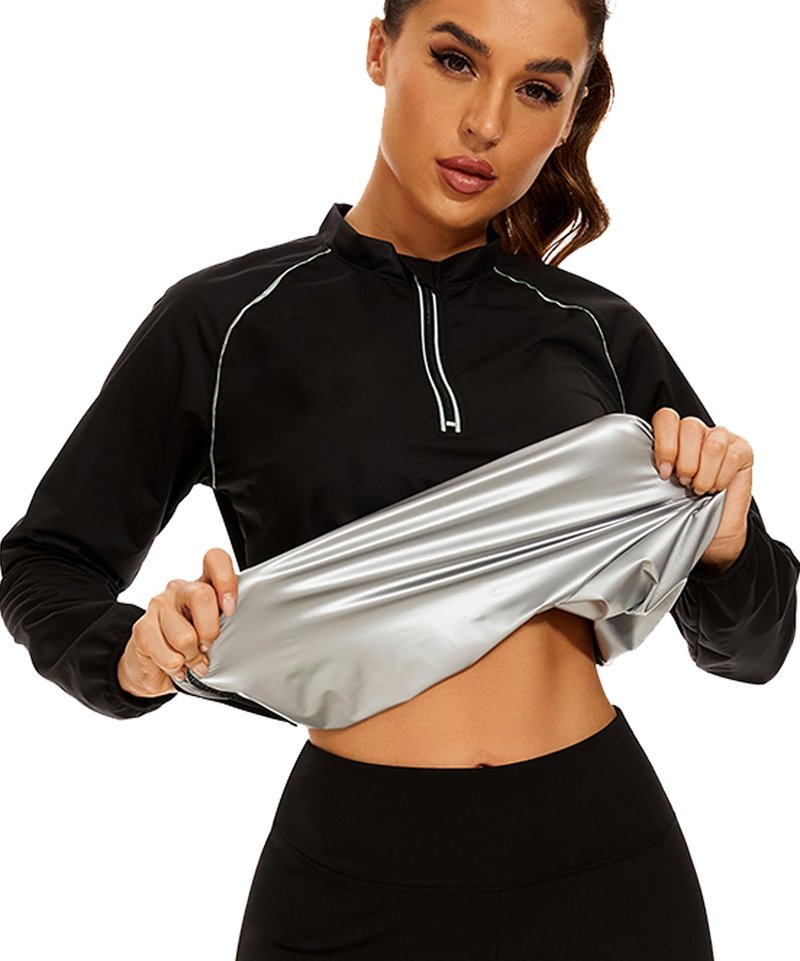 NINGMI Sauna Suit for Women Sweat Jackets Long Sleeve Shirt Weight Loss Workout Zipper Gym Exercise Body Shaper
