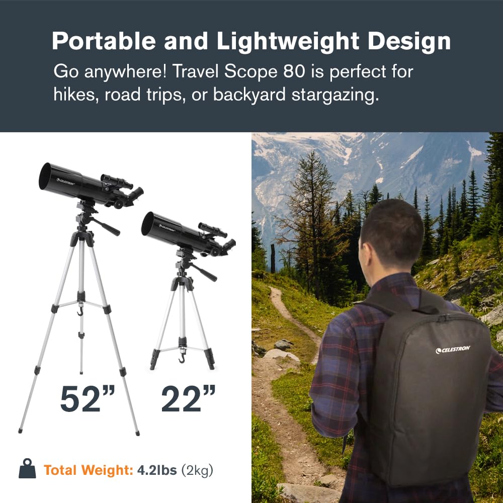 Celestron Travel Scope 80 Portable Refractor Telescope – 80mm Aperture, Fully-Coated Glass Optics – Includes Tripod, Smartphone Adapter, Backpack & Software – Ideal for Beginners & Travel