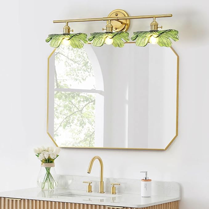 3 Light Bathroom Lighting fixtures Over Mirror, Gold brass Wall Sconce Vintage Bathroom Vanity Light Green Glass Wall Sconce mid Century Modern Wall lamp Art Deco Vanity Lights for Living Room Bedroom