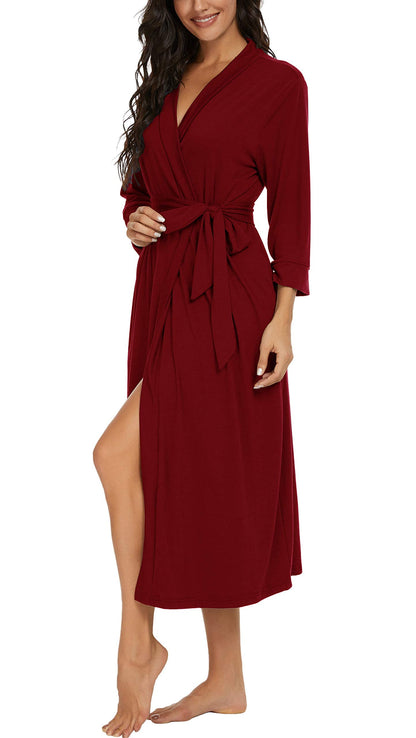 PrinStory Women Kimono Robes Long Knit Bathrobe Soft Womens Dressing Gowns V-Neck Sleepwear Casual Ladies Loungewear (Wine Red, L)