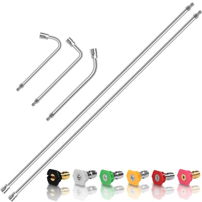 120 Inch Pressure Washer Extension Wand,Upgrade Power Stainless Steel Washer Lance Accessories with 6 Nozzle Tips,30°/90°/120°Curved Rods,Cleaner Tool Replacement