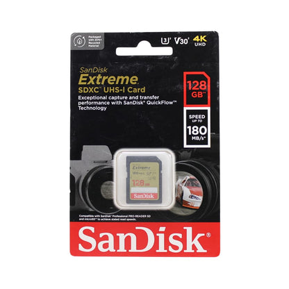 SanDisk 128GB Extreme SDXC card, SD card up to 180MB/s, V30 Memory card, UHS-I, Class, 10, U3, V30, RescuePro Deluxe data recovery software.