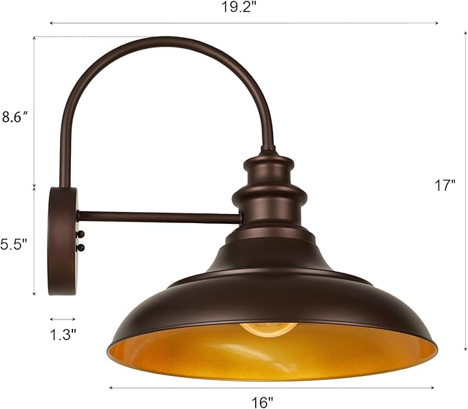 Outdoor Barn Light Fixtures, 16 Inch Large Dome Farmhouse Exterior Wall Mount Lights, Rustic Gooseneck Wall Sconces Indoor Wall Lighting, Industrial Bronze Gold Lanterns for Porch, Garage,2 Pack