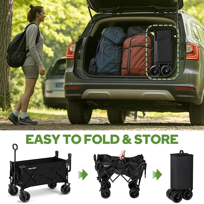 BEAU JARDIN XXL Festival Trolley Beach Cart - 300L 230KG(500LBS) Heavy Duty Folding Wagon All-Terrain Utility Wide Wheels for Camping & Shopping | Push & Pull Handle | Portable Collapsible | Black