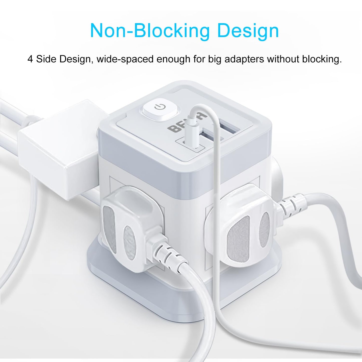 3M Extension Lead Cube With USB, BEVA 4 Gang Extension Socket With 3 USB Ports, Power Strip With Switch Multi Plug Extension with 3 Metre Long Cable For Home Office Travel
