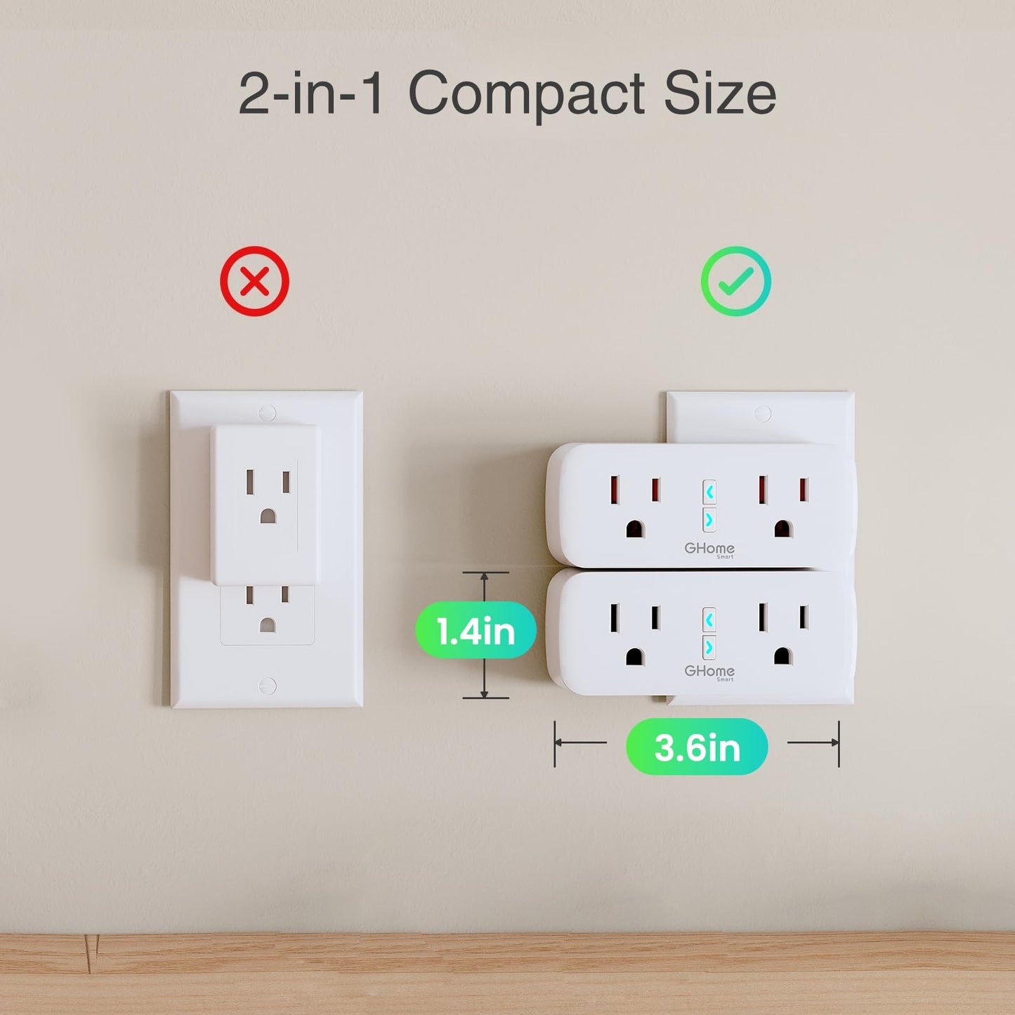 GHome Smart Plug, 15A WiFi Smart Outlet Compatible with Alexa & Google Home, Smart Surge Protector with Remote Control & Timer, Dual Sockets, No Hub Required, 2.4GHz WiFi Only, White, 2 Pack