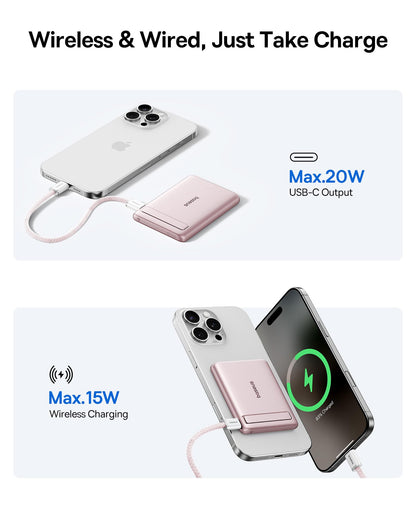 Baseus Picogo Power Bank, Smallest 5000mAh Magnetic Portable Charger with Stand, Qi2 Certified 15W Ultra-Mini MagSafe Battery Pack, Alloy Wireless Travel Fast Charger for iPhone 17/16 Series(Grey)