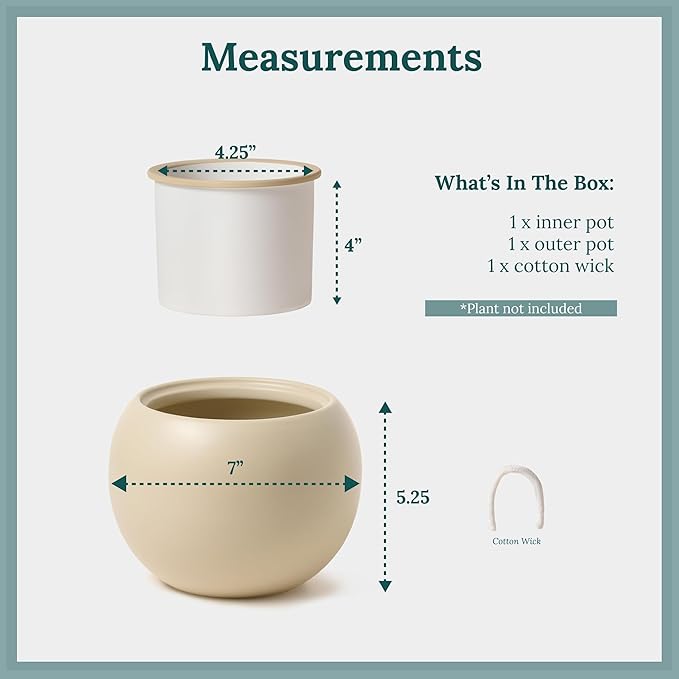 Self Watering Plant Pot | 7 Inch Ceramic Indoor Planter Pot with 4.25 Inch Opening | Ivory Pot for Indoor Plants | Round Self Watering Planter | Neutral Home Decor