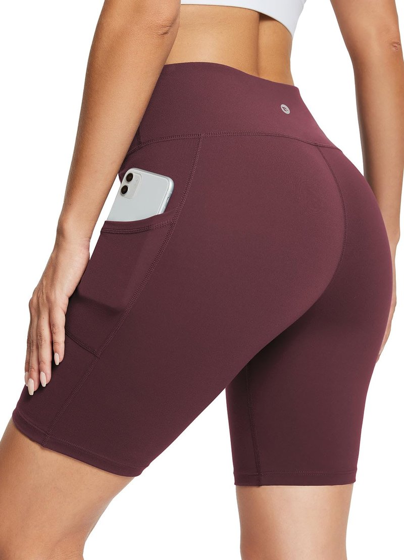 baleaf Biker Shorts Women Yoga Gym Workout Spandex Running Volleyball Tummy Control Compression with Pockets Soft 8" Wine Red S