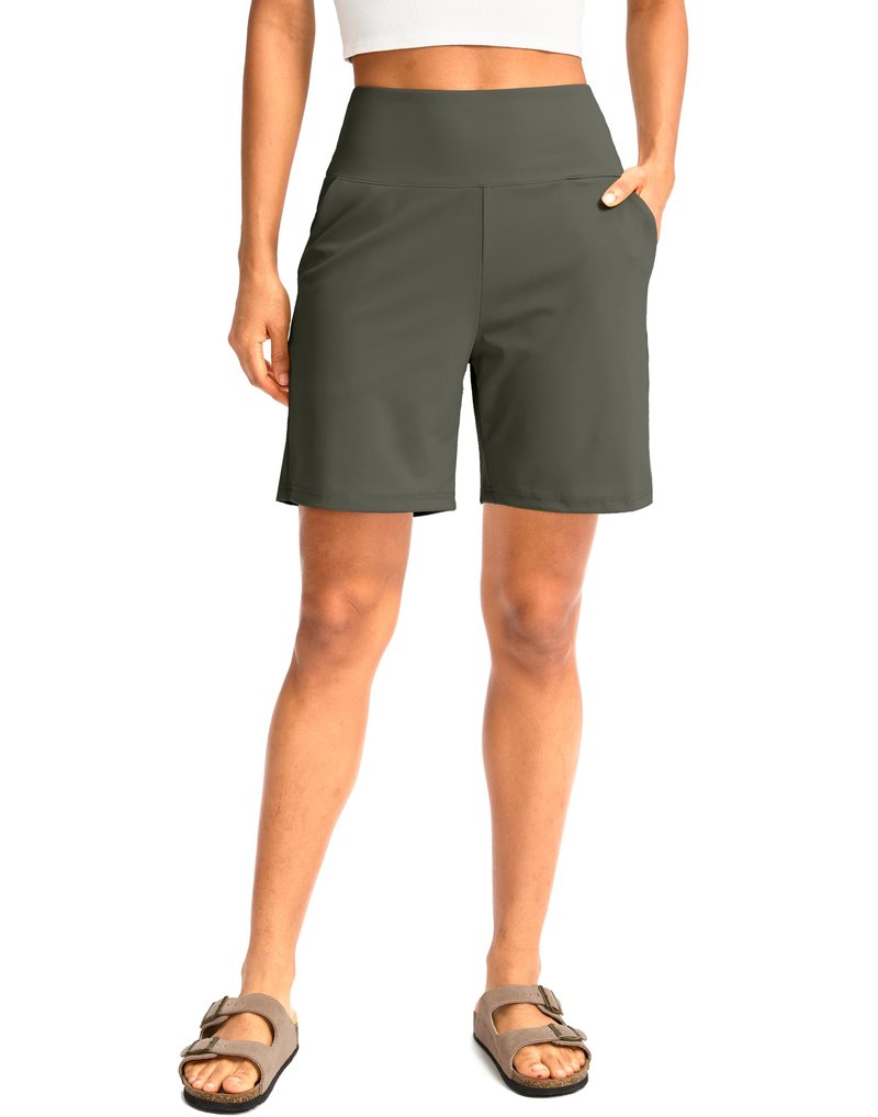 G Gradual Women's Bermuda Long Shorts with Pockets 7" High Waisted Knee Length Shorts for Women Walking Athletic Workout(Grey Sage-L7,L)