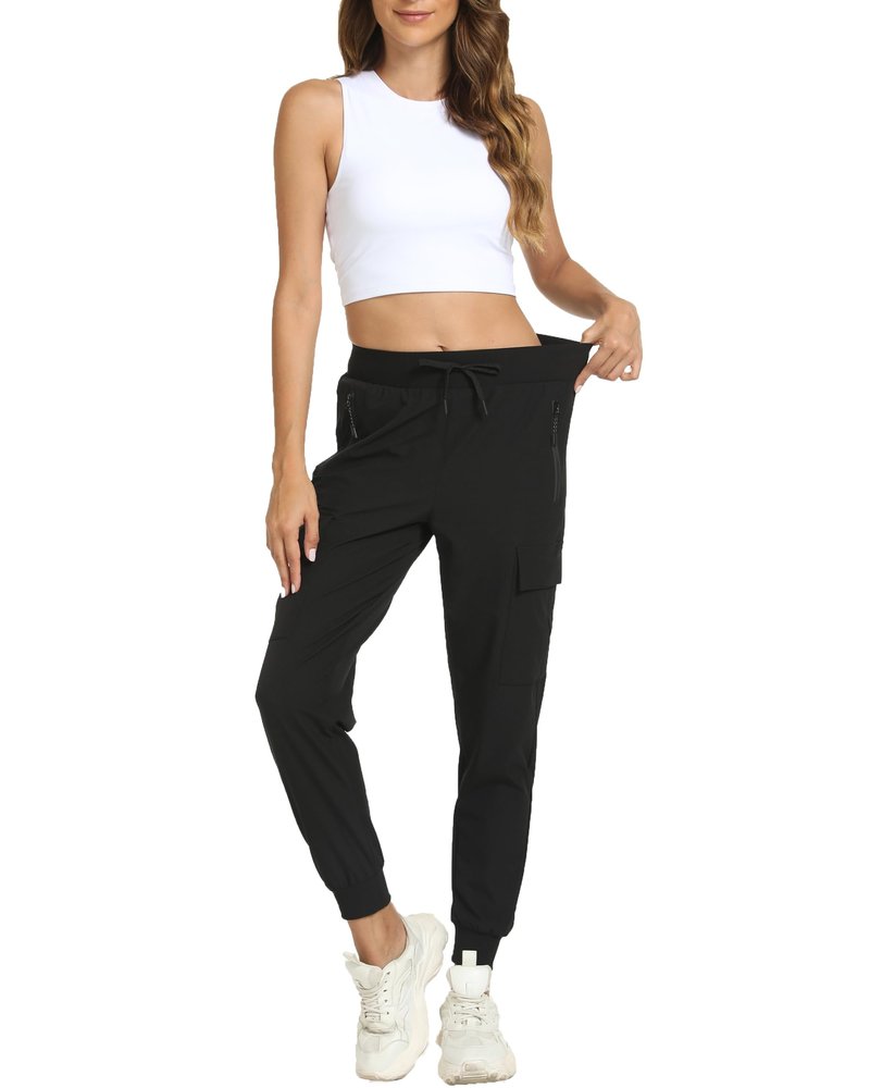 Women's Joggers with Pockets Lightweight - Water Resistant Quick Dry Cargo Athletic Pants for Hiking Running Camping Travel (Black, Medium)
