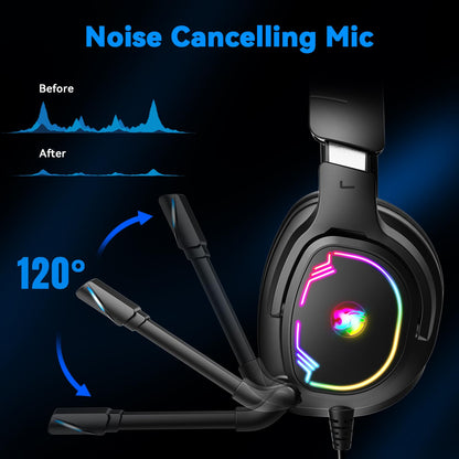 Jimonyer Gaming Headset for PC/PS4/PS5/Xbox One/Switch, Stereo Surround Sound Gaming Headphones with Noise Canceling Flexible Mic, Computer Headset with 3.5mm Jack & RGB Light(Blue)
