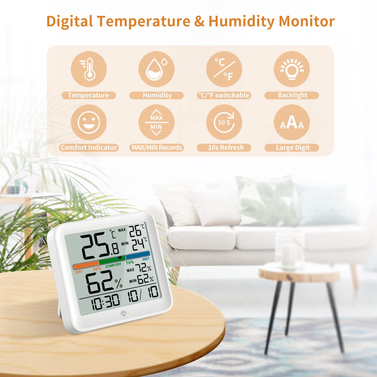 NOKLEAD Hygrometer Indoor Thermometer-Digital Room Humidity Gauge Accurate temperature Monitor Meter Max/Min Records, Touch LCD with Calibration Backlight Clock, Comfort Icon for Home Greenhouse