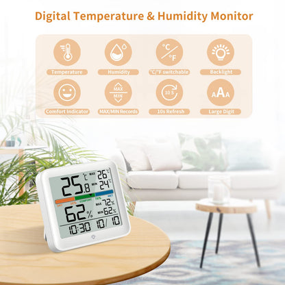 NOKLEAD Hygrometer Indoor Thermometer-Digital Room Humidity Gauge Accurate temperature Monitor Meter Max/Min Records, Touch LCD with Calibration Backlight Clock, Comfort Icon for Home Greenhouse
