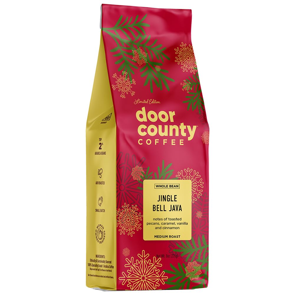 Door County Coffee Jingle Bell Java Flavored Coffee Whole Bean - 8oz Bag - Holiday Seasonal - Medium Roast - 100% Specialty Arabica - Pecans, Creamy Caramel, Vanilla, Cinnamon