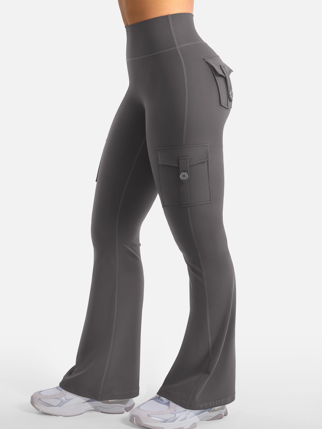 YEOREO CoreFlex Women Workout Flare Leggings with Pockets Hidden Scrunch High Waisted Cargo Gym Yoga No Front Seam Leggings Dark Grey XL