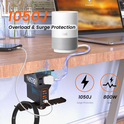 ALACOO Headset Holder for Desk, Dual Headphone Stand, PC Gaming Headphones Hanger Hook Under Desk with (QC3.0) 3 USB Charging Station & 2 AC Outlet(800W) for All Earphone Accessories Gamer Gift