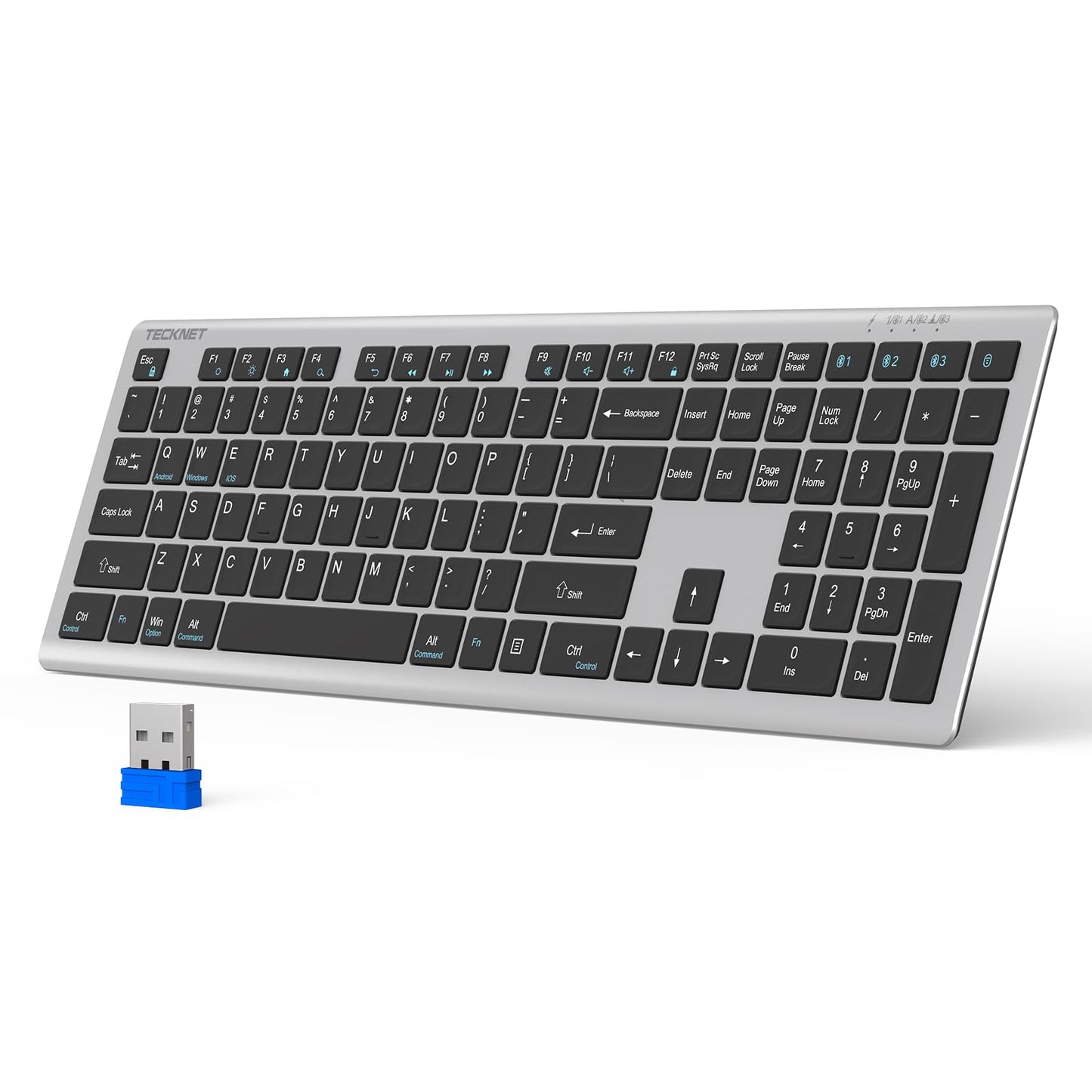TECKNET Bluetooth Keyboard Rechargeable, 4-Device Free Switching (2.4G+BT), Ultra-Slim Full Size Wireless Keyboard, Quiet Typing, for PC/Laptop/Smart TV/Phone, Adjustable Stand, 12 Multimedia Keys