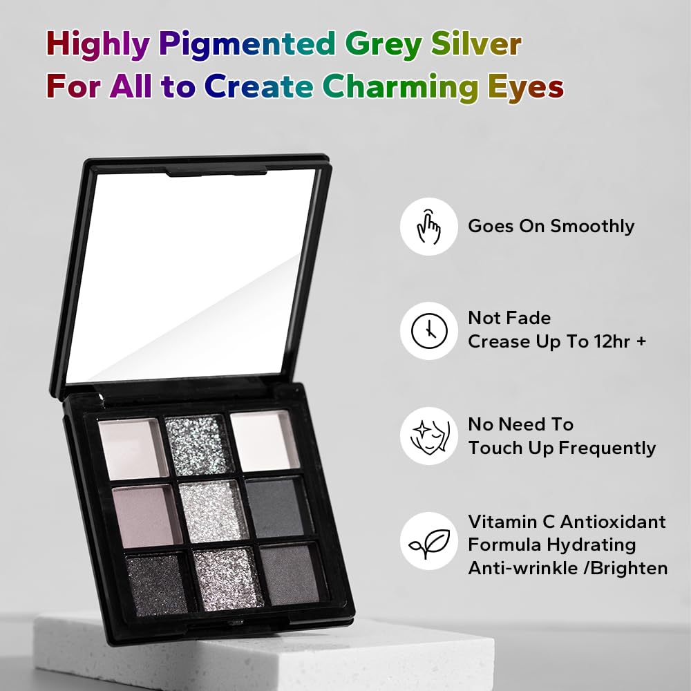 9 Color Smokey Eyeshadow Palette - Highly Pigmented Matte & Glitter Shades, Long-Lasting, Waterproof & Blendable, Black Silver Gray Eyeshadow Set for Sultry Glam (Reversal Star Smokey)
