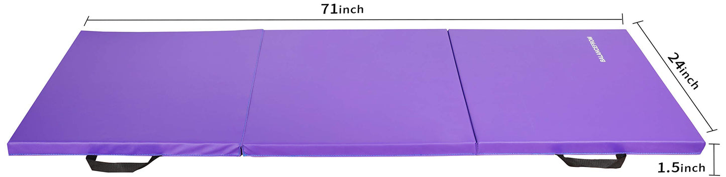BalanceFrom 6x2 Feet 3-Panel Folding Gymnastics Mat – 1.5-Inch Thick Pad with Vinyl Surface and Carrying Handles for Tumbling, Yoga, Pilates, Home Workouts, and Martial Arts