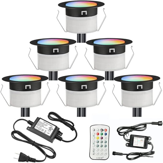 FVTLED Low Voltage Recessed RGBW Deck Light, 6pcs Φ1.22 RGB & Warm White Stainless Steel Waterproof Outdoor Step Lighting In-ground Landscape Pathway Patio Stair Decor Lamp, Black