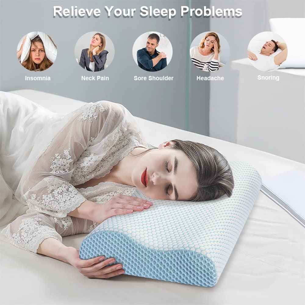 Anvo Memory Foam Pillow, Neck Contour Cervical Orthopedic Bed Pillow for Sleeping Side Back Stomach Sleeper, Ergonomic Design for Neck and Shoulder Pain Relief, Blue White, Firm