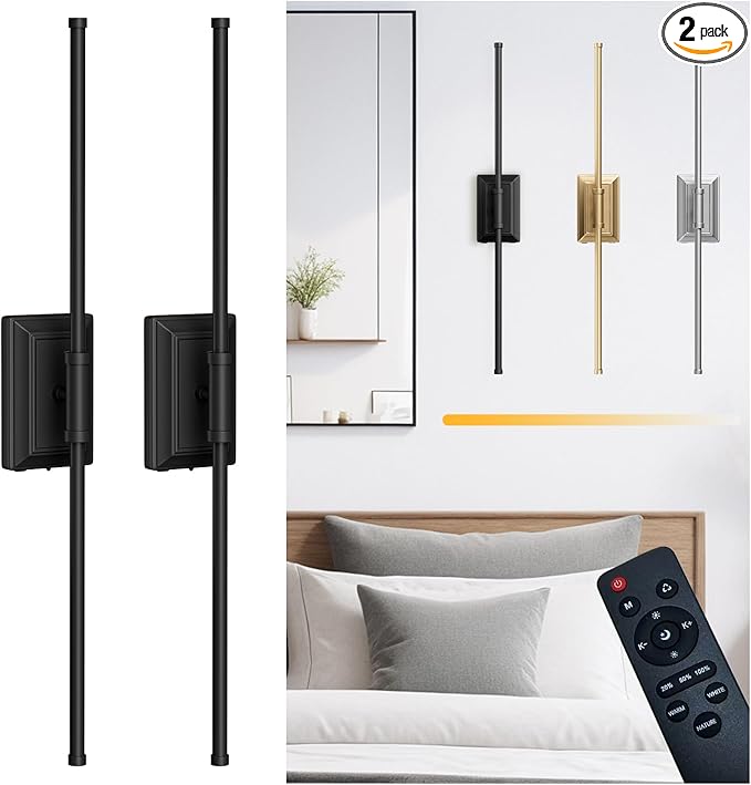 Battery Operated Wall Light Set of 2 - Black Picture Wireless Led Plug In Walls Sconce Fixture Indoor - Art Decor Bathroom Sconces Rechargeable - Modern Bedroom Cordless Lights Fixtures with Remote