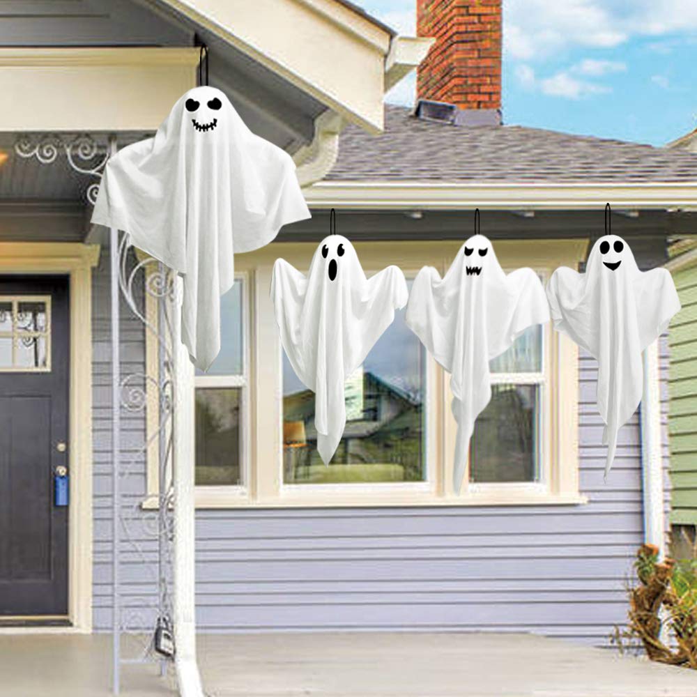 4 Pack Halloween Hanging Ghosts, 27.5" Cute Flying Ghost Decorations for Front Yard Patio Lawn Garden Party Décor and Holiday Decorations