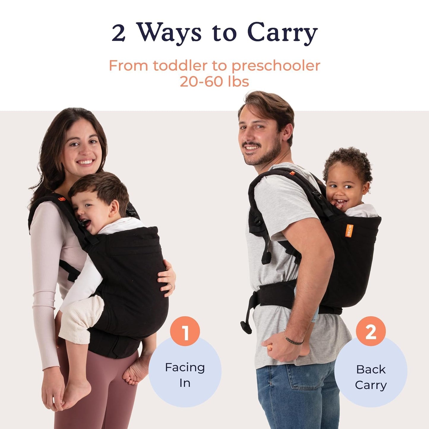 Beco Toddler Carrier with Extra Wide Seat, 100% Cotton Toddler Carrying Backpack Style and Front-Carry, Lightweight & Breathable Child Carrier, Toddler Sling Carrier 20-60 lbs (Metro Black)