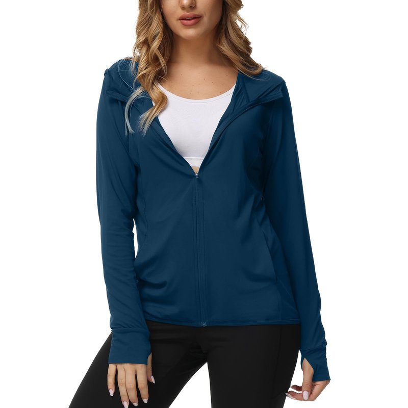 TIHEEN Women's Athletic Jackets Lightweight UV Protection Shirts Full Zip Workout Jacket UPF 50+ Long Sleeve Sun Shirt Navy Blue,S