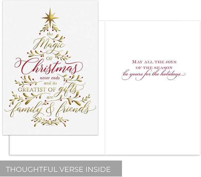Masterpiece Believe In The Magic Of Christmas Cards / 15 Boxed Holiday Card Set With Shiny Foil Accents And Coordinating Red Foil Lined Envelopes / 5 5/8" x 7 7/8" Folded Winter Christmas Tree Family