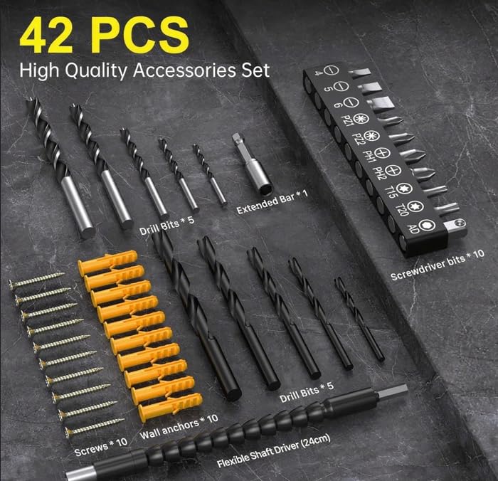 FAHEFANA Cordless Drill, 20V Power Drill with 25+1 Max 370 in-lb Torque, Electric Screwdriver Driver with Battery and Charger, 3/8" Keyless Chuck, 2000mAh Batteries Electric, 42Pcs Bits