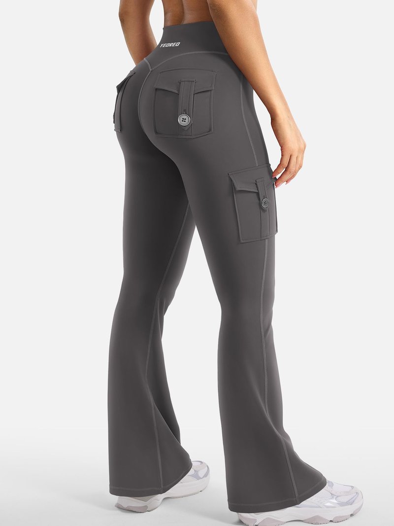 YEOREO CoreFlex Women Workout Flare Leggings with Pockets Hidden Scrunch High Waisted Cargo Gym Yoga No Front Seam Leggings Dark Grey XS