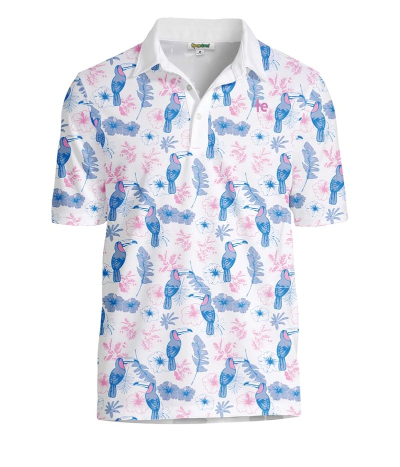 Tipsy Elves Men's Golf Polo Shirt - Moisture Wicking, Stretch Fabric, Athletic Fit - White Toucan Tango Performance Polo - X-Large