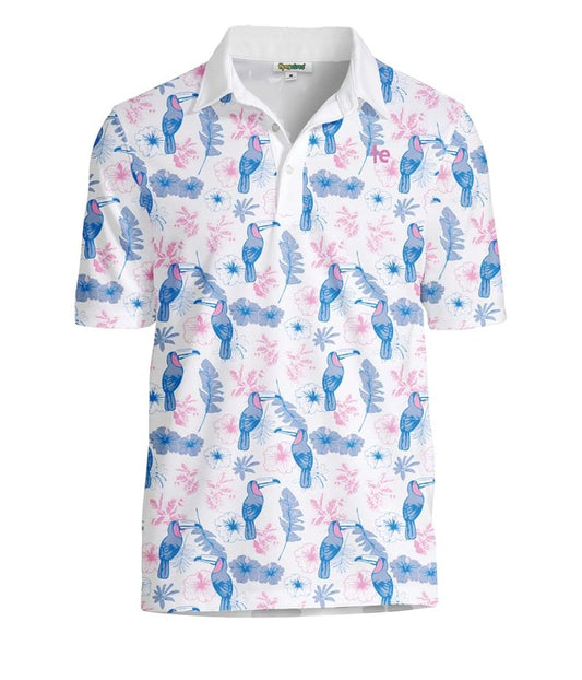 Tipsy Elves Men's Golf Polo Shirt - Moisture Wicking, Stretch Fabric, Athletic Fit - White Toucan Tango Performance Polo - X-Large