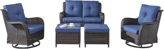 Rilyson Wicker Patio Furniture Set - 5 Piece Rattan Outdoor Sectional Conversation Sets with 2 Rocking Swivel Chairs,2 Ottomans and 1 Loveseat for Porch Deck Garden(Brown/Blue)