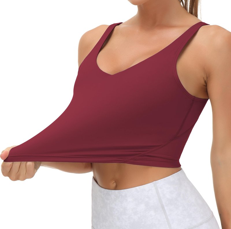 Women’s Longline Sports Bra Wirefree Padded Medium Support Yoga Bras Gym Running Workout Tank Tops Wine Red