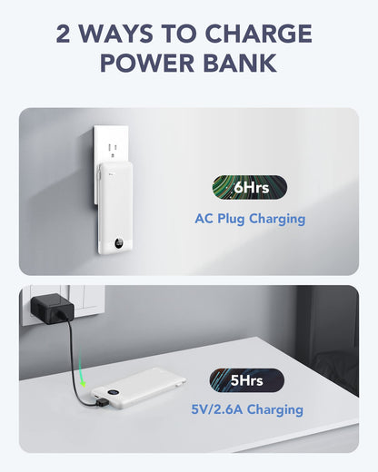 VRURC Portable Charger Built-in Cables and AC Wall Plug, USB C Power Bank 10000mAh, Travel Essentials Phone Charger Compact Lightweight External Battery Pack for Smart Phones, Tablets etc-Pink