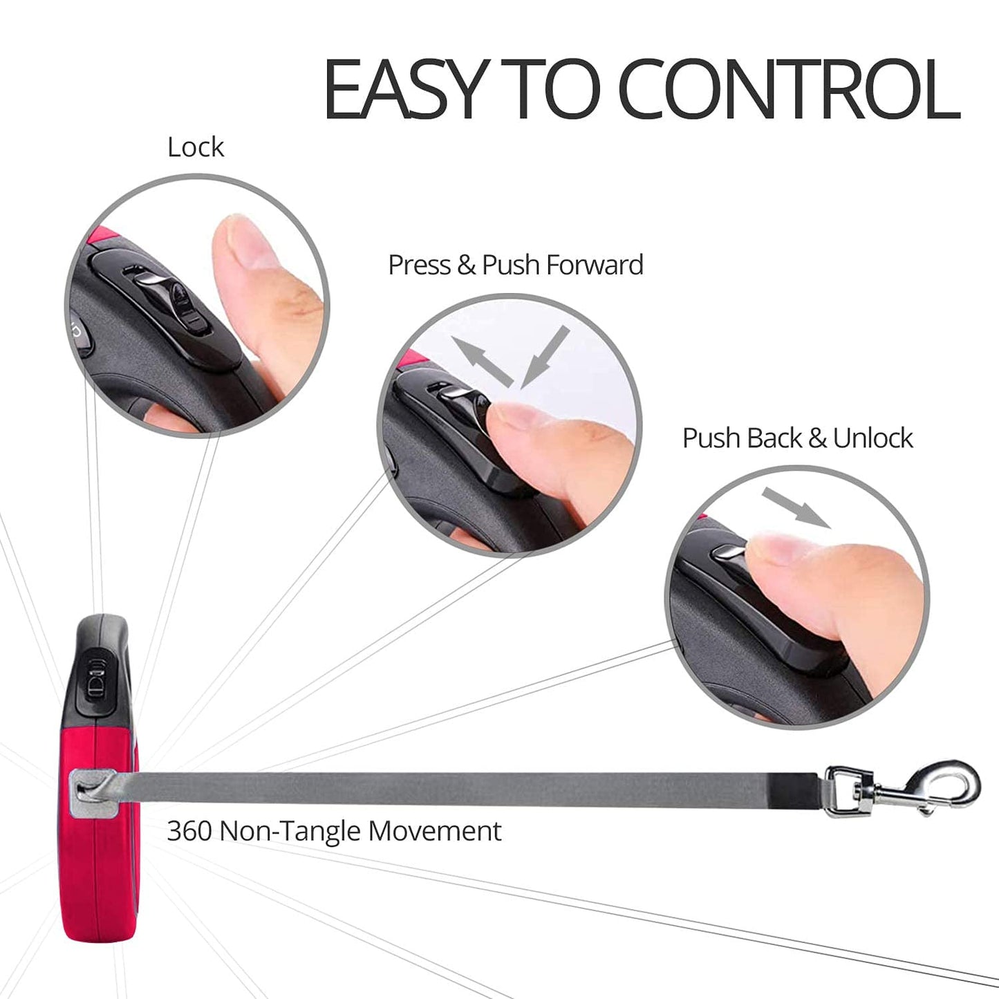 CFMOUR Retractable Dog Lead, 5m/20kg Red Heavy-Duty Extendable Dog Leads for Small to Medium Dogs; Strong Nylon Tape Ribbon Leash, One-Button Brake&Lock, Bonus Training Clicker