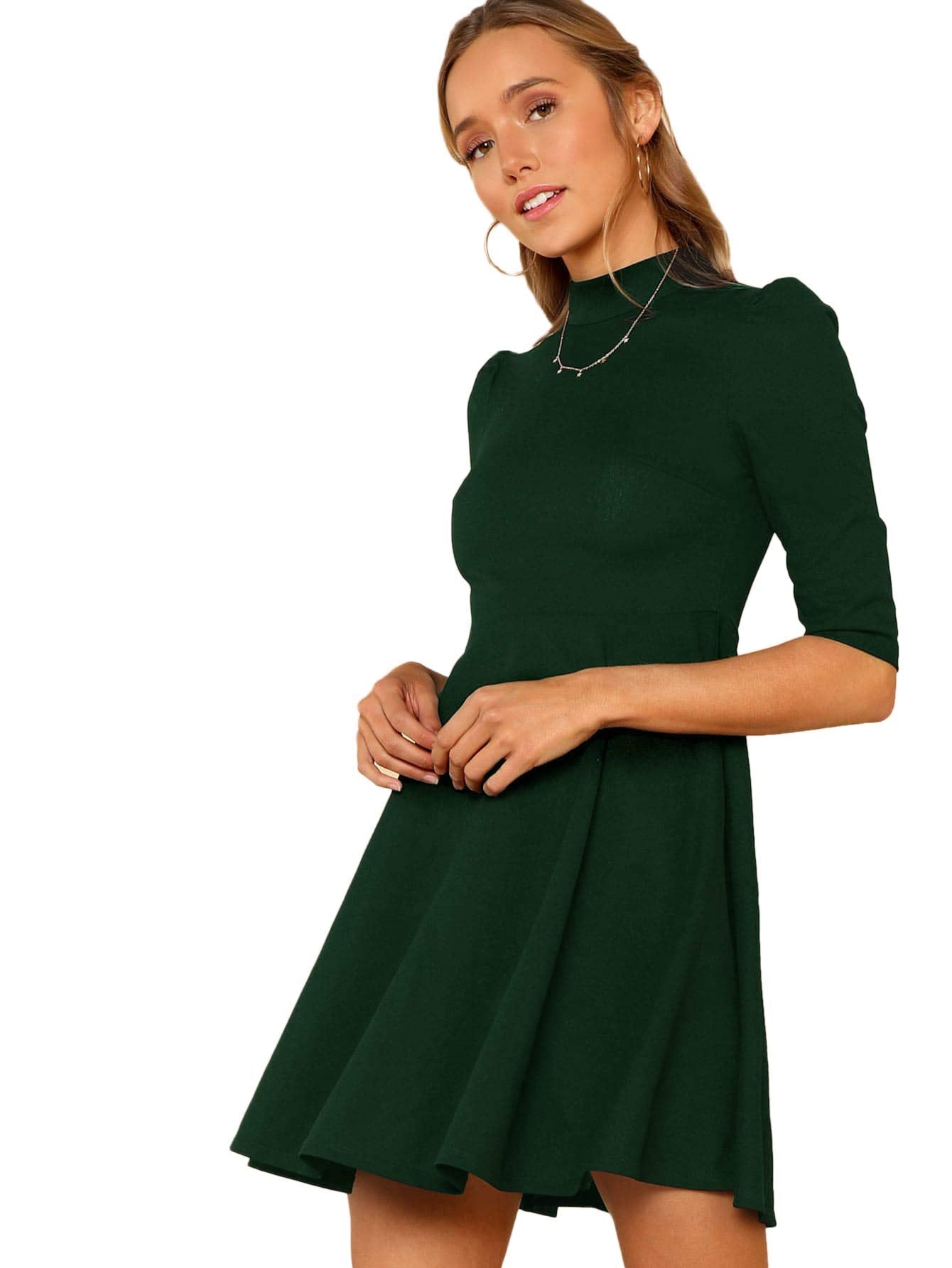 Floerns Women's Mock Neck Short Sleeve Flared A Line Cocktail Dress Green M