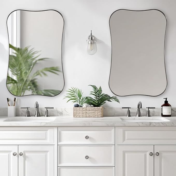 ANDY STAR 24x36 Inch Brushed Nickel Bathroom Mirror, Modern Scalloped Wall Mirror with Unique Notched Edges Design in1 Inch Stainless Steel Frame Wall Mounted Horizontal/Vertical for Home Decor