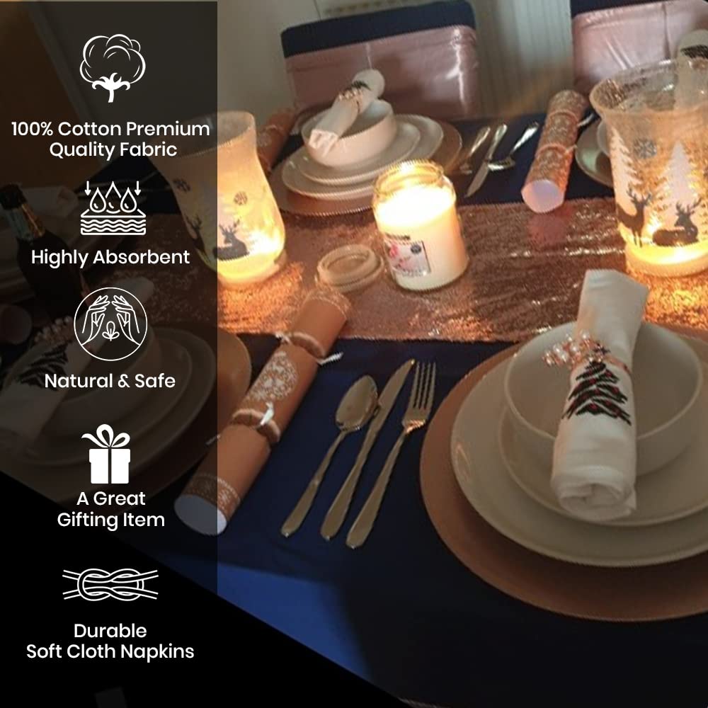 Candy Cottons Christmas Cloth Napkins White Dining Table Dinner Napkins|Washable Cotton Napkins Easter Basket Decor|Christmas Tree Embroidered 18x18 in White Pk of 6 Cocktail Party Napkins