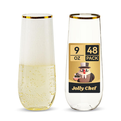 JOLLY CHEF 48 Pack Plastic Champagne Flutes, 9 oz Clear Stemless Champagne Flutes, Plastic Champagne Glasses with Golden Rim, Shatterproof Recyclable Mimosa Glasses for Party Wedding Birthday