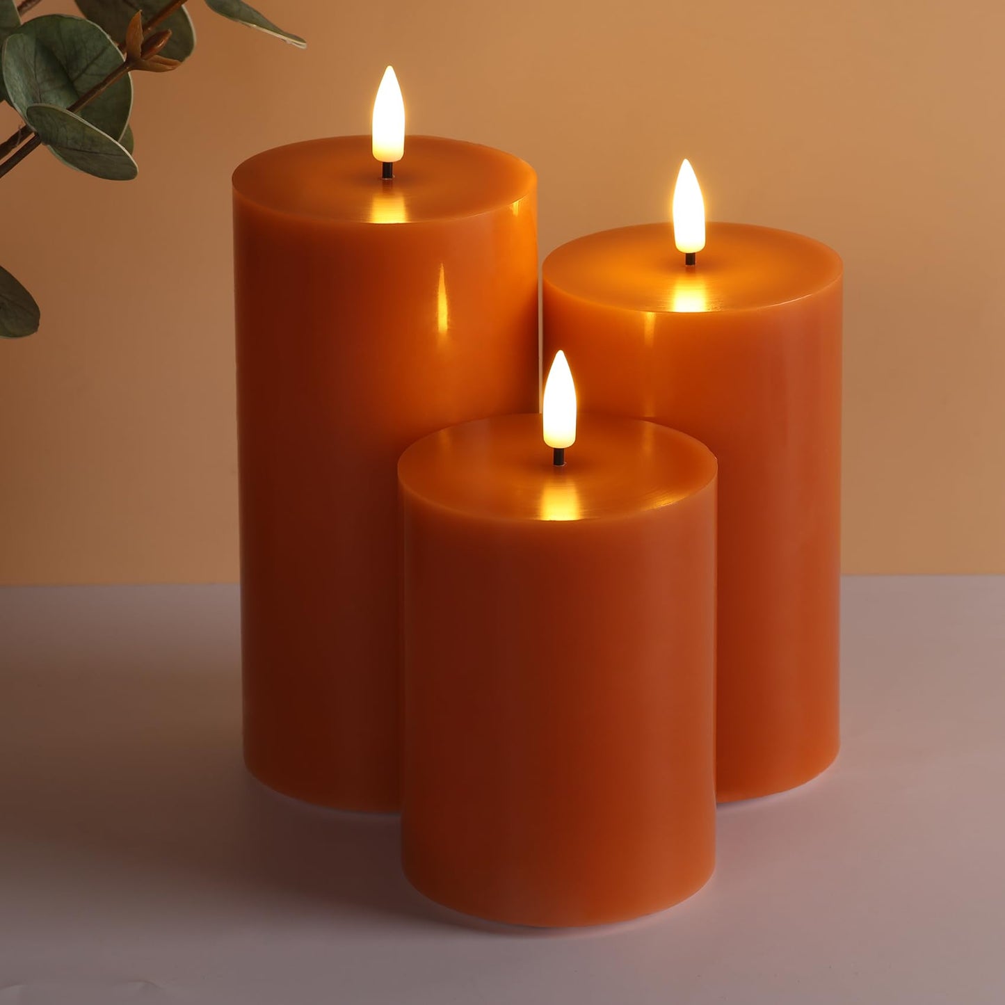 Girimax Burnt Orange Flameless Pillar Candles with Remote, Christmas LED Wax Candles Holiday Table Centerpieces Set of 3