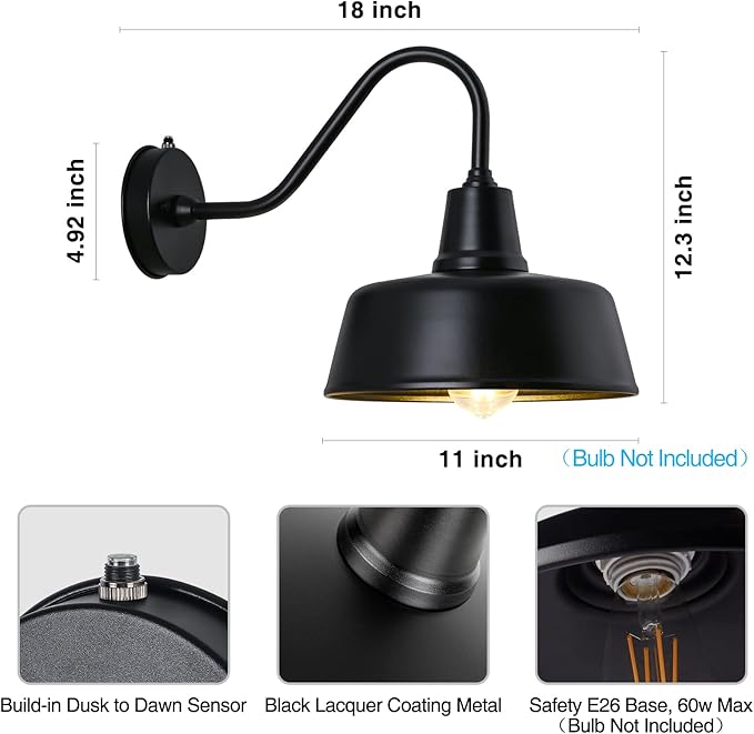Gooseneck Barn-Lights Outdoor Fixture - 11 inch Farm Style Black Large Lighting Farmhouse Exterior Sconce Wall Light for House, Dusk to Dawn Sensor Front Door Porch Garage (11 inch)
