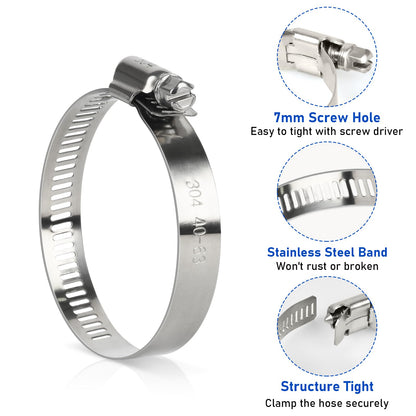 Hose Clamp, 10 Pieces 2.5 Inch Stainless Steel Hose Clamps for 1 1/2 Inch to 2 1/2 Inch Hose Pipe Large Adjustable Worm Gear Hose Clamp Assortment Kit for Automotive Radiator Fuel Line Mechanical